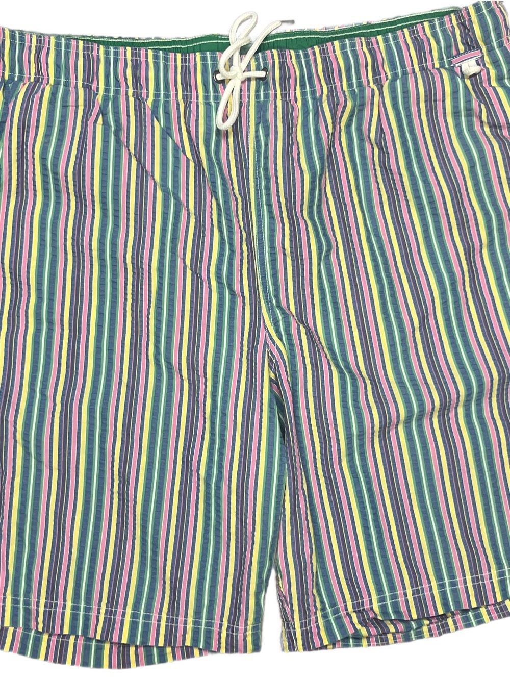 Lands' End Men's Seersucker Green Pink Yellow Striped Swim Trunks Sz XL-40/42